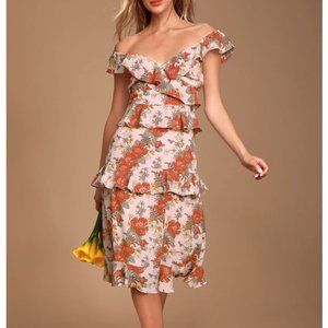 Lulus Fleur-Evermore Blush Pink Floral Print Ruffled Midi Dress